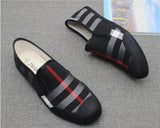 Men Canvas Leather Loafers Shoes Black Red Stripe